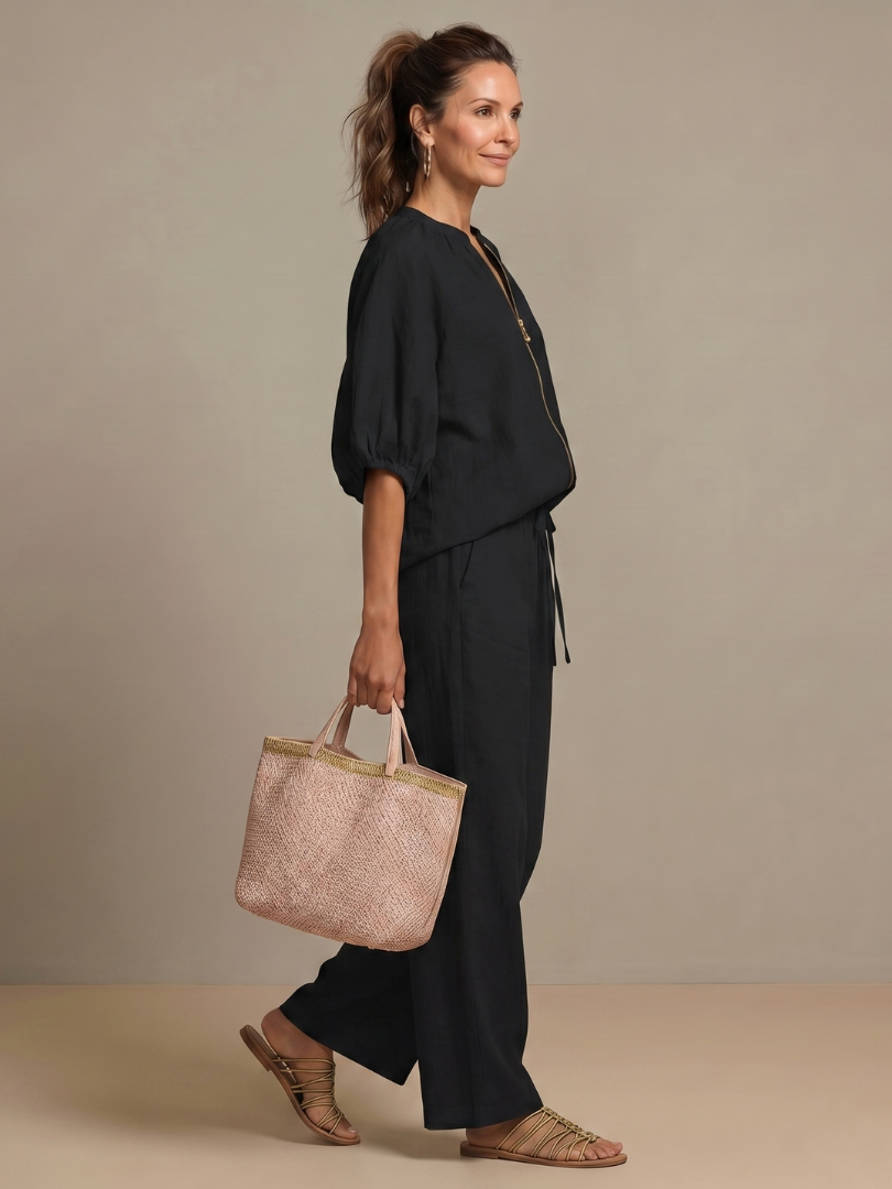 Natalia | Elegant Zip-Front Blouson Top and Wide-Leg Trousers Set