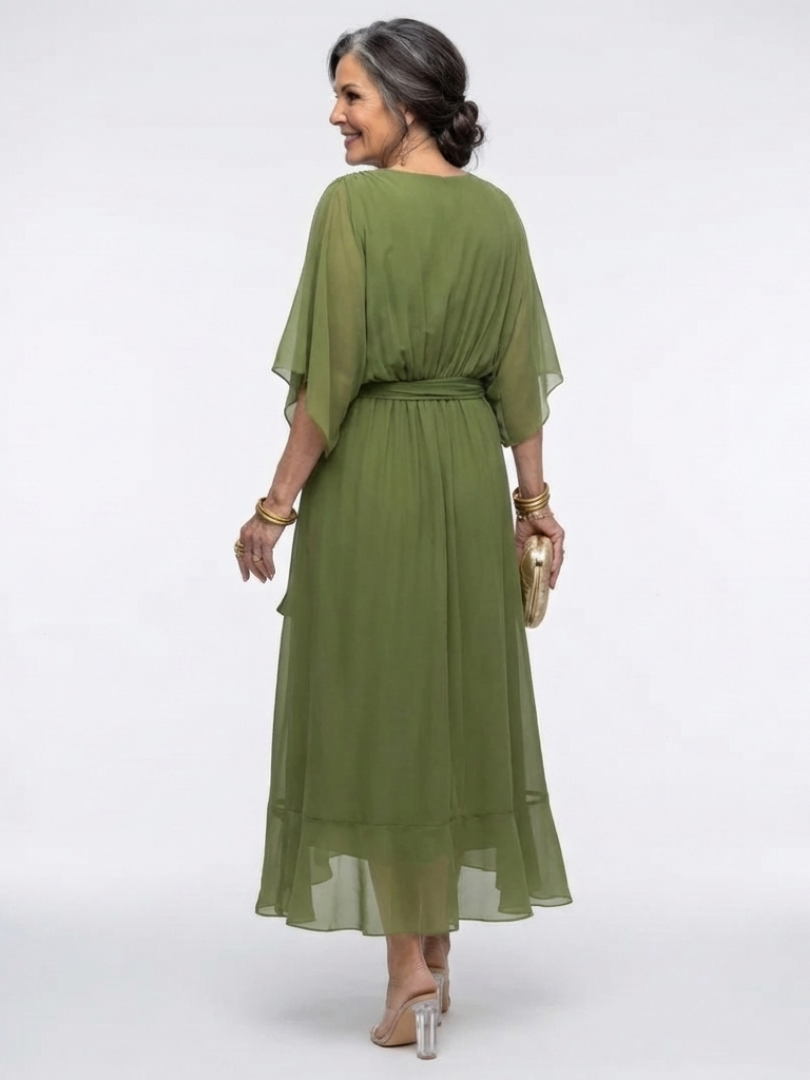 Elysia | V-Neck Draped Midi Dress with Waist Tie