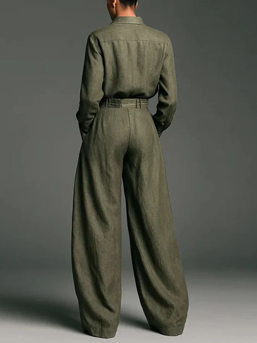 Linen Blend Lapel Long-sleeved Shirt and High-waist Pocket Loose Wide-leg Pants Set