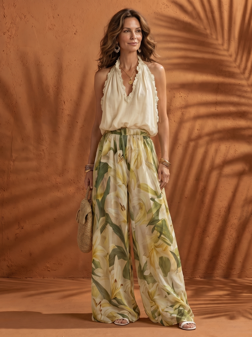 Solange | Floral Halter Neck Blouse and Wide Leg Ensemble