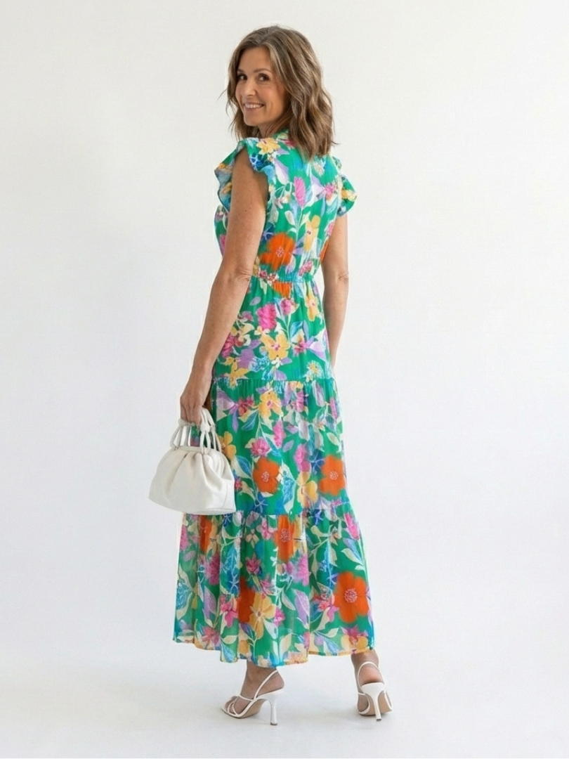 Lila | Floral V-Neck Tiered Midi Dress" 

Reimagined Title:  
"Lila | Exquisite Floral V-Neck Midi Dress