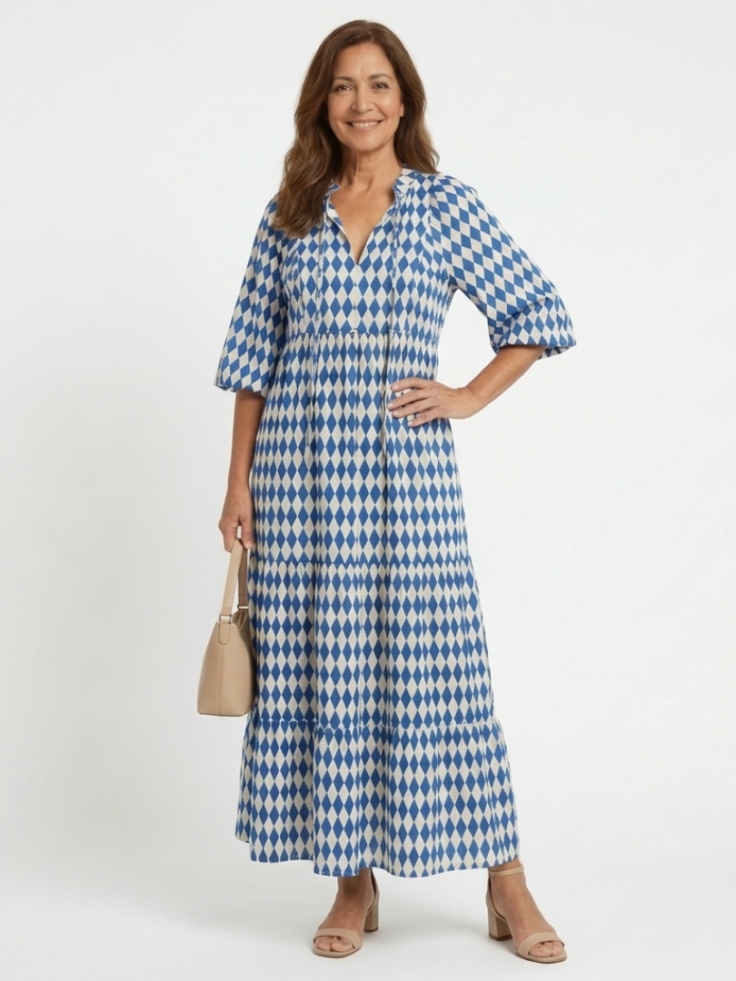 Elodie Diamond Print Tiered Midi Dress