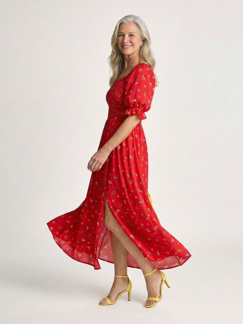 Delphine | Floral Puff Sleeve Midi Dress with Square Neck