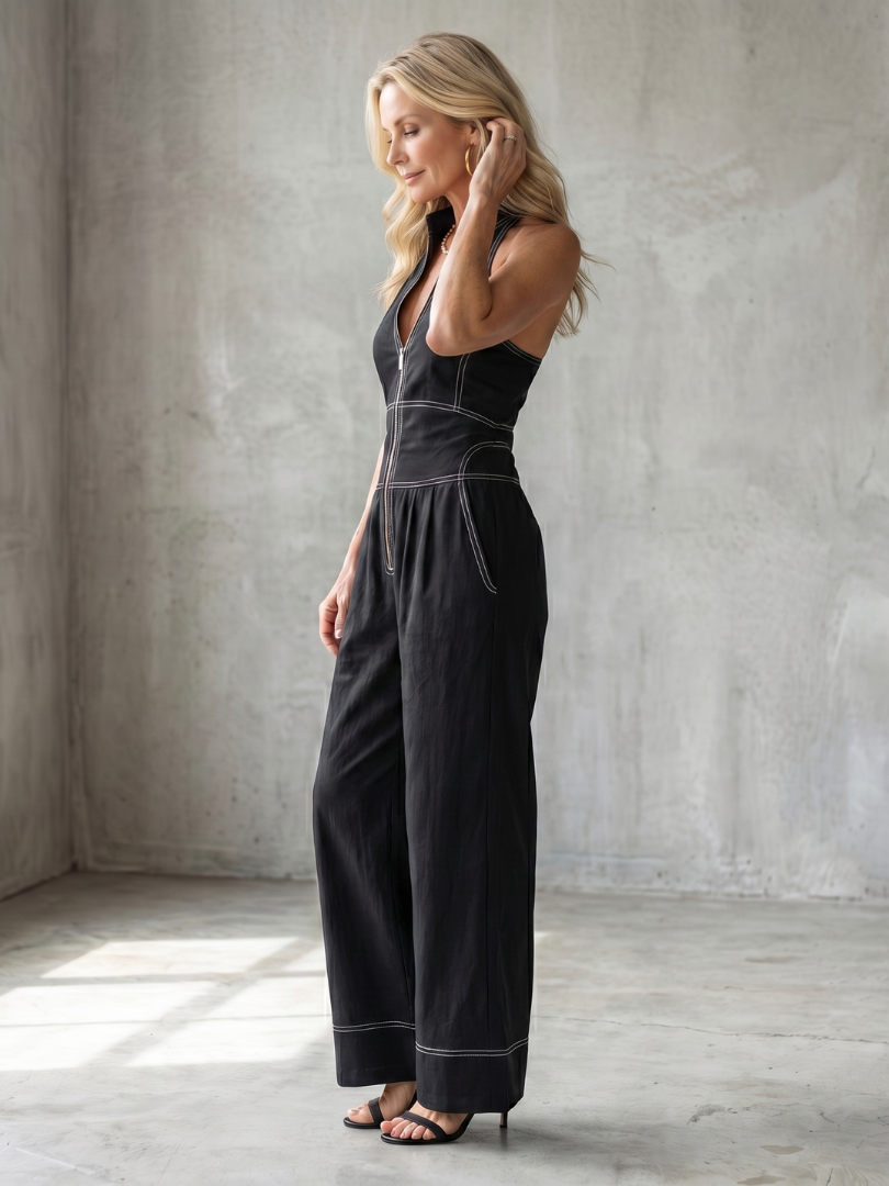 Dara | Elegant Wide-Leg Jumpsuit with Contrast Stitch Detail