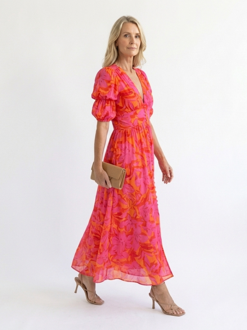 Willow Floral V-Neck Midi Dress with Puff Sleeves