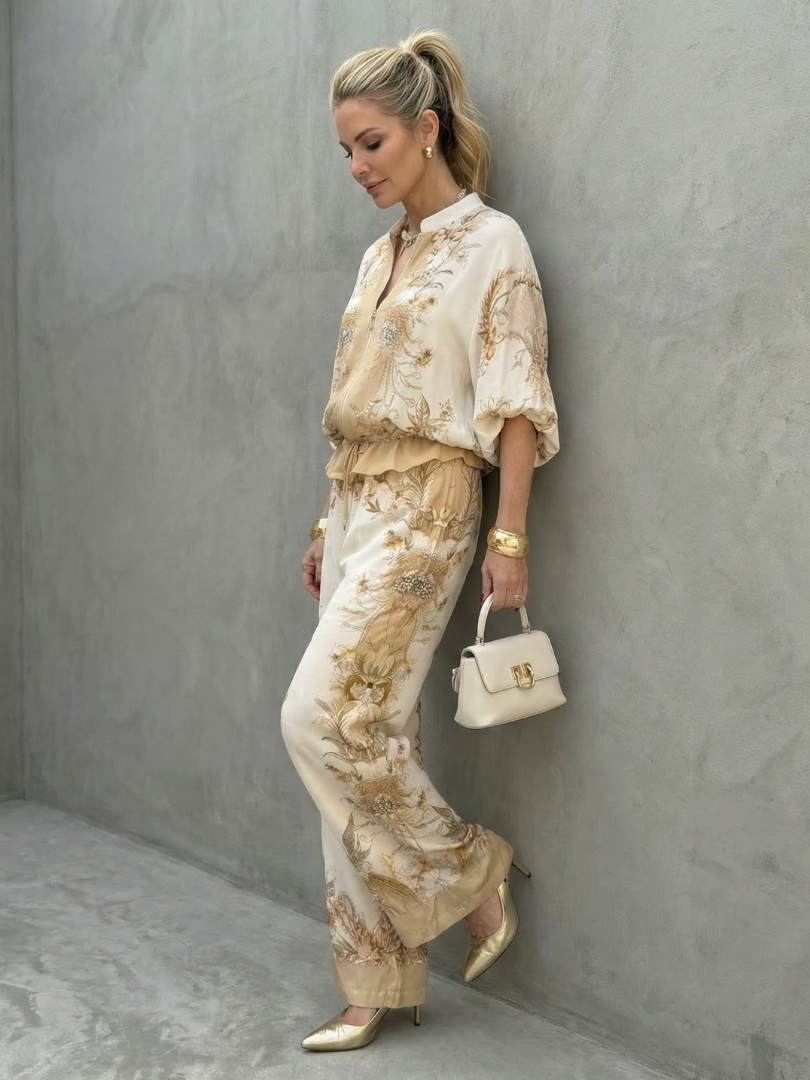 Indie | Printed Blouson Top & Zip-Front Two-Piece Ensemble