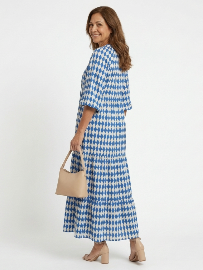 Elodie Diamond Print Tiered Midi Dress