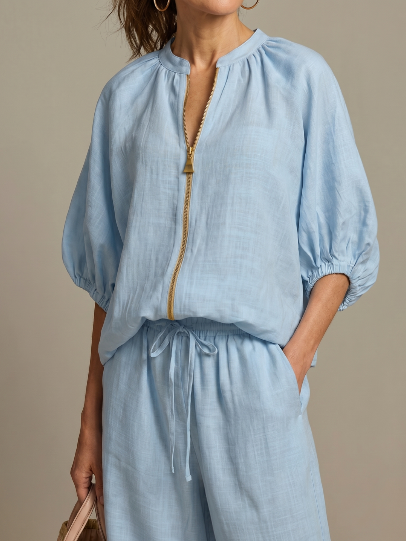 Natalia | Elegant Zip-Front Blouson Top and Wide-Leg Trousers Set