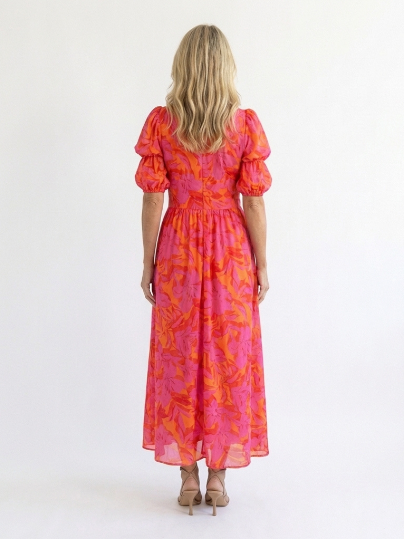Willow Floral V-Neck Midi Dress with Puff Sleeves