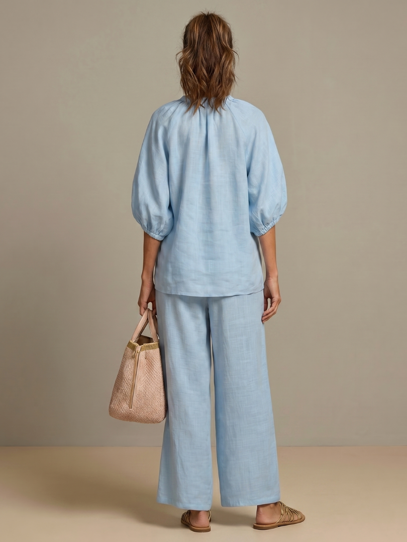 Natalia | Elegant Zip-Front Blouson Top and Wide-Leg Trousers Set