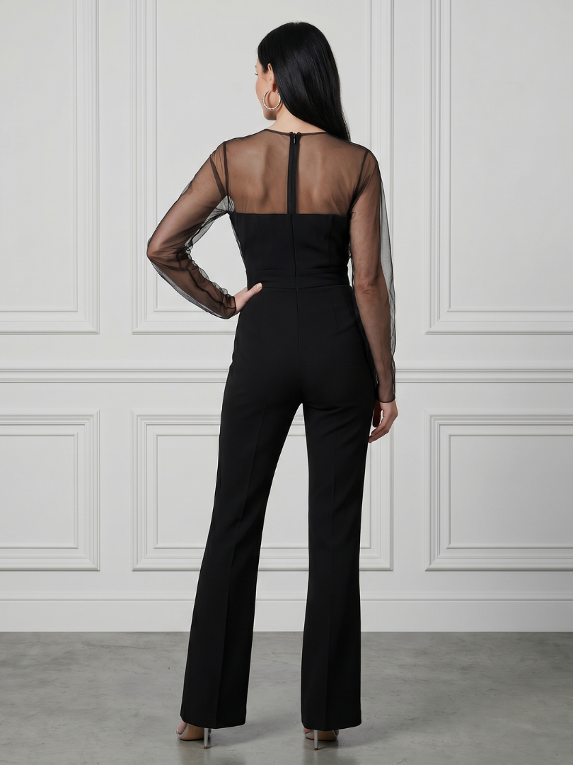Oksana | Elegant Sheer Bodice Flared Jumpsuit