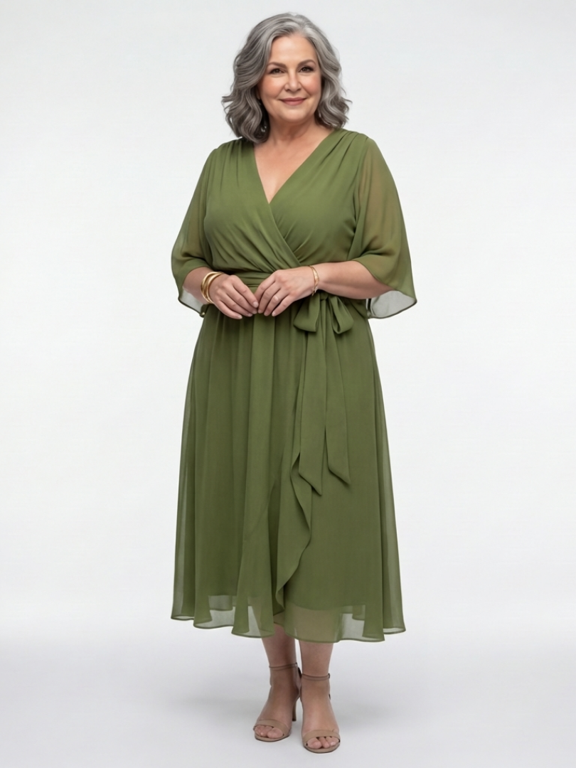Elysia | V-Neck Draped Midi Dress with Waist Tie