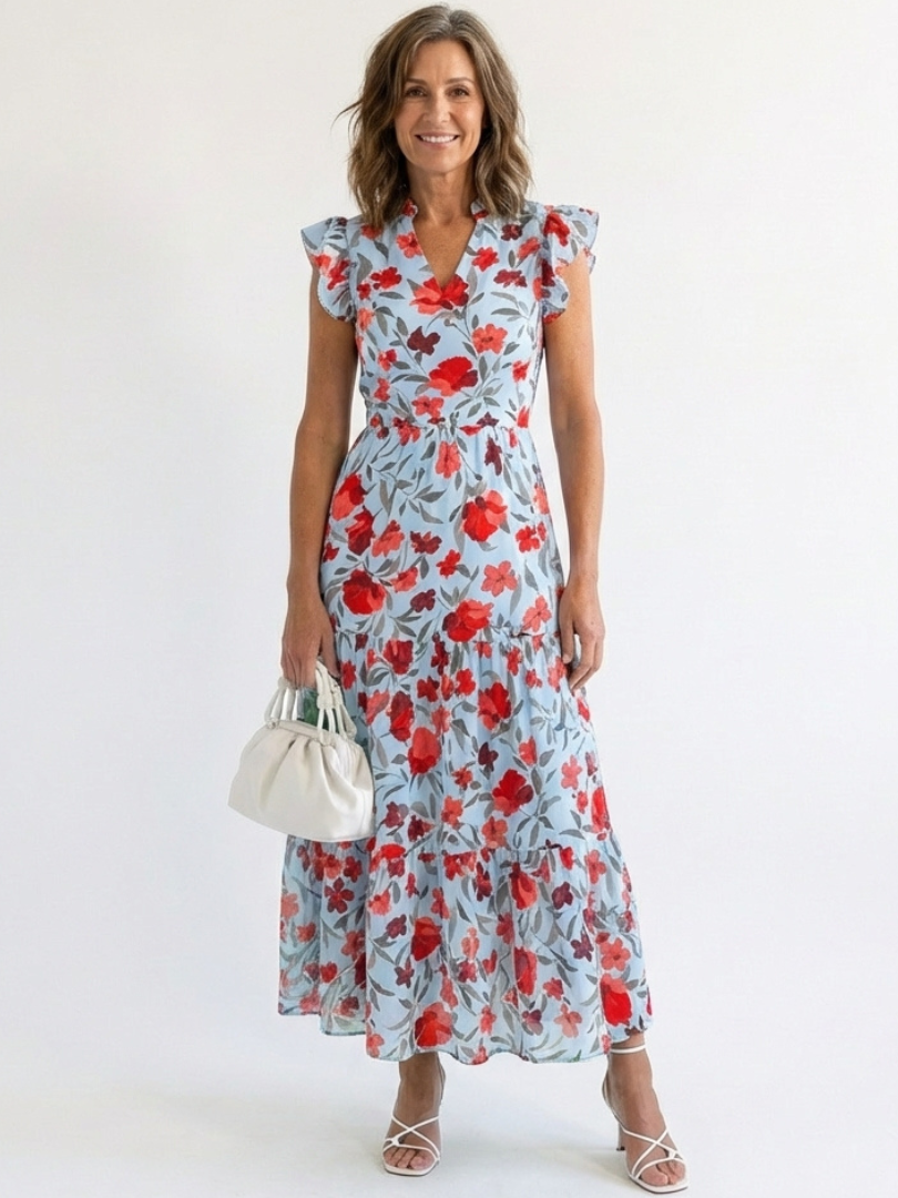 Lila | Floral V-Neck Tiered Midi Dress" 

Reimagined Title:  
"Lila | Exquisite Floral V-Neck Midi Dress