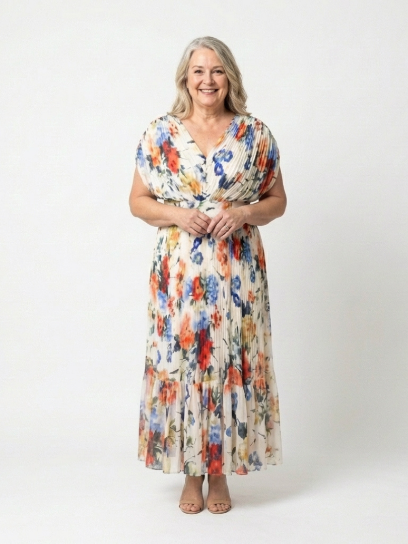 Savannah Floral Pleated Midi Dress with Short Sleeves