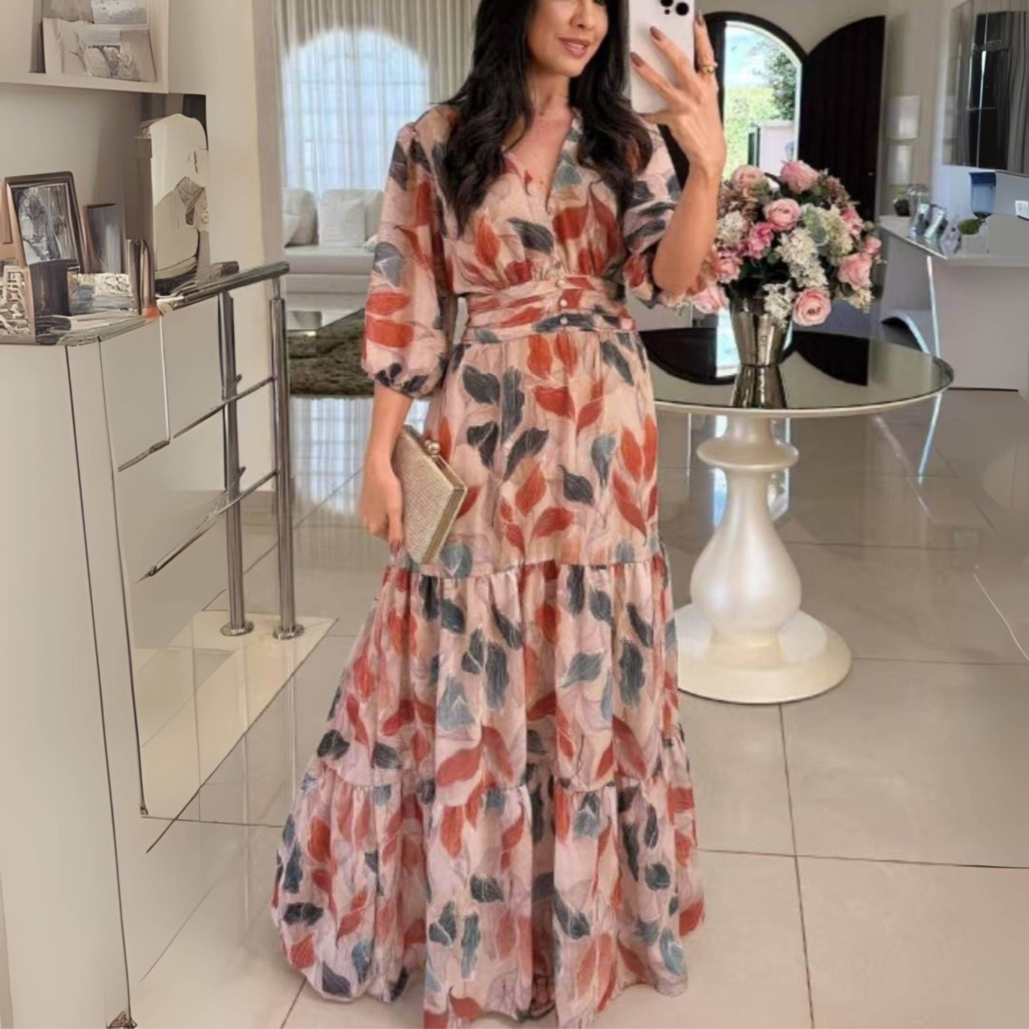 BELL™ - Elegant V-Neck Puff Sleeve Maxi Dress