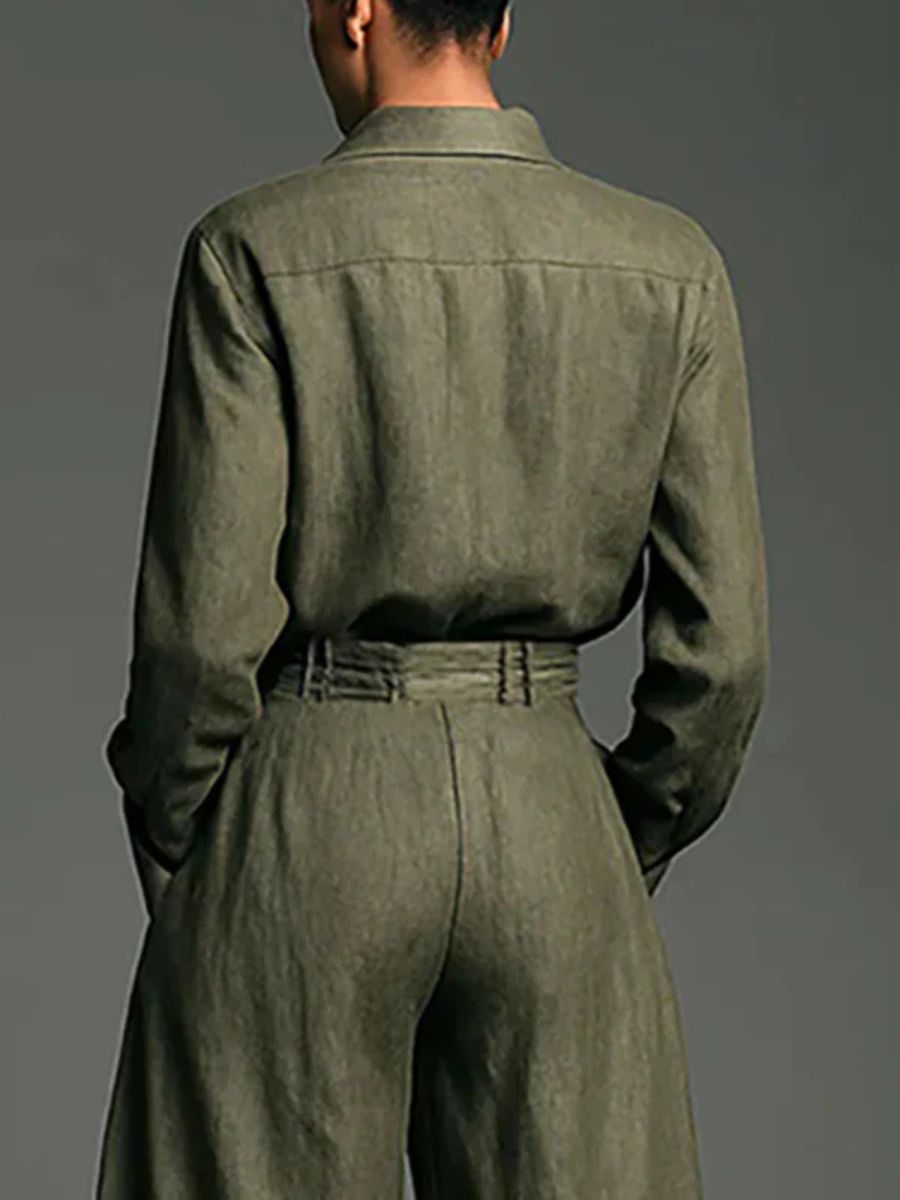 Linen Blend Lapel Long-sleeved Shirt and High-waist Pocket Loose Wide-leg Pants Set