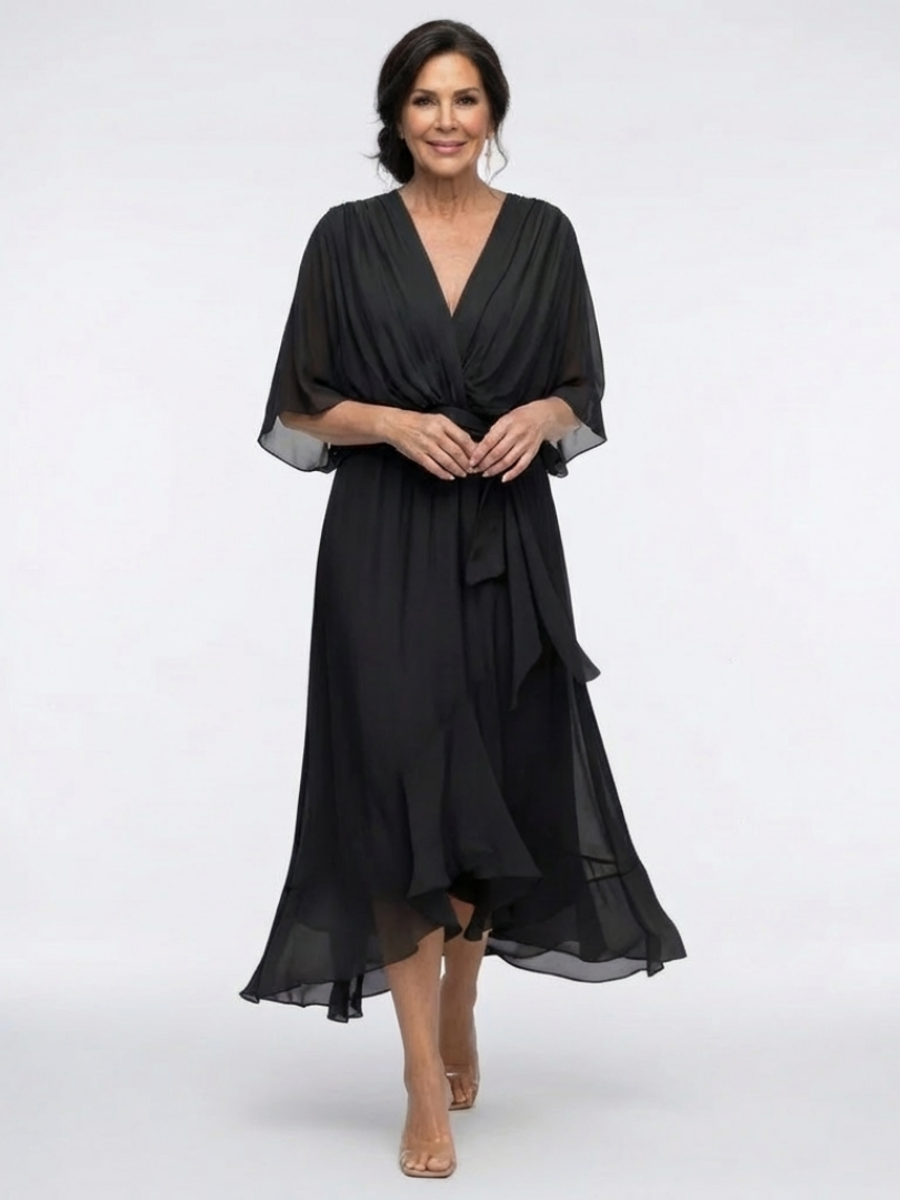 Elysia | V-Neck Draped Midi Dress with Waist Tie