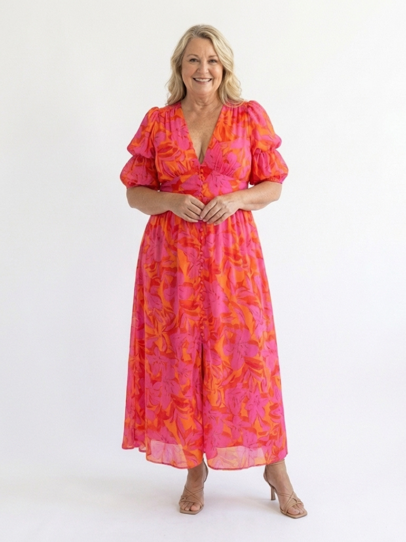 Willow Floral V-Neck Midi Dress with Puff Sleeves