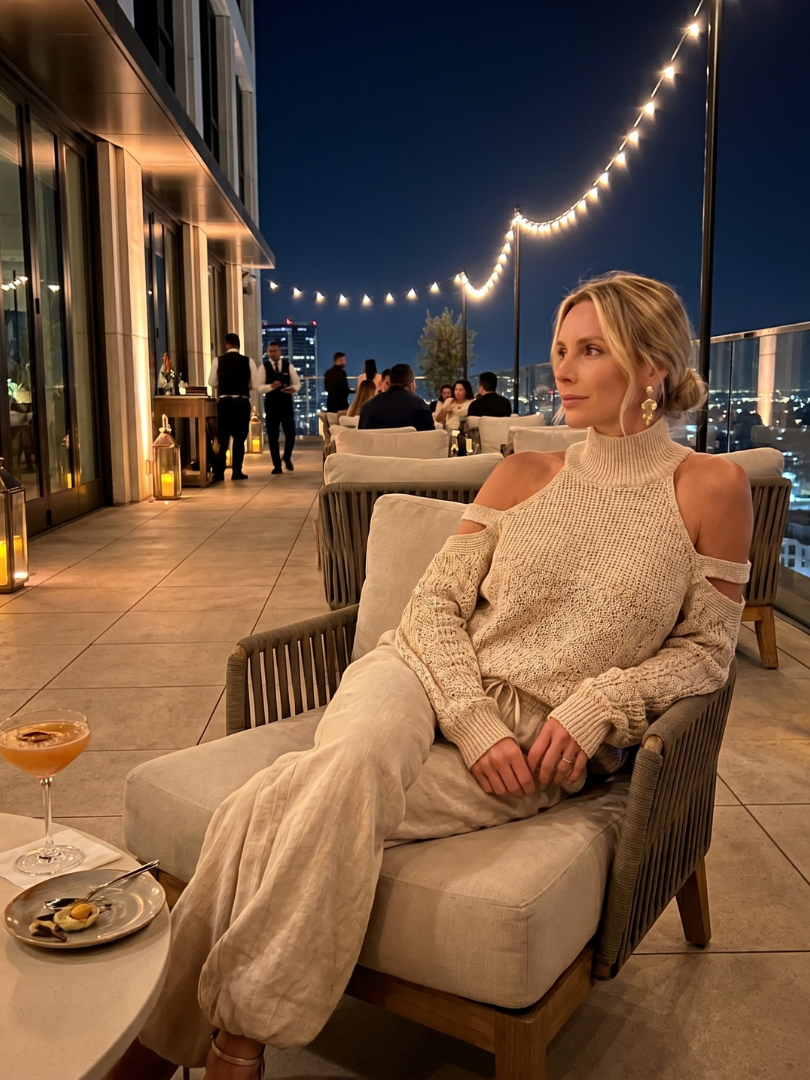 Questa | Elegant Open Shoulder Knit Top with Wide Leg Pants Ensemble