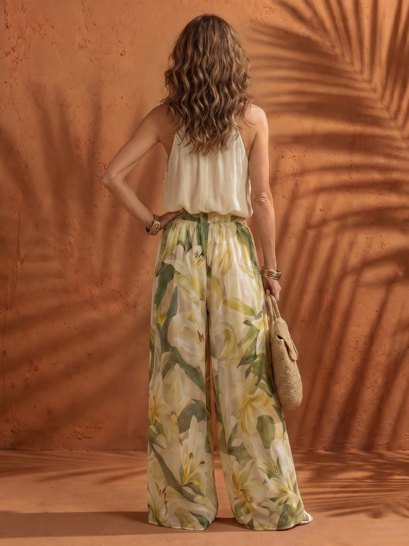 Solange | Floral Halter Neck Blouse and Wide Leg Ensemble