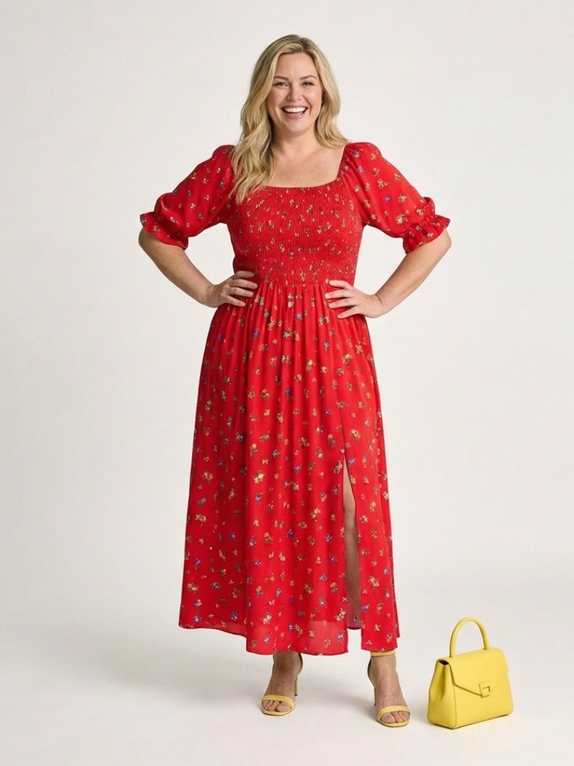 Delphine | Floral Puff Sleeve Midi Dress with Square Neck