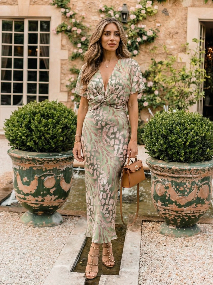 Coralie | Abstract Print V-Neck Twist Midi Dress