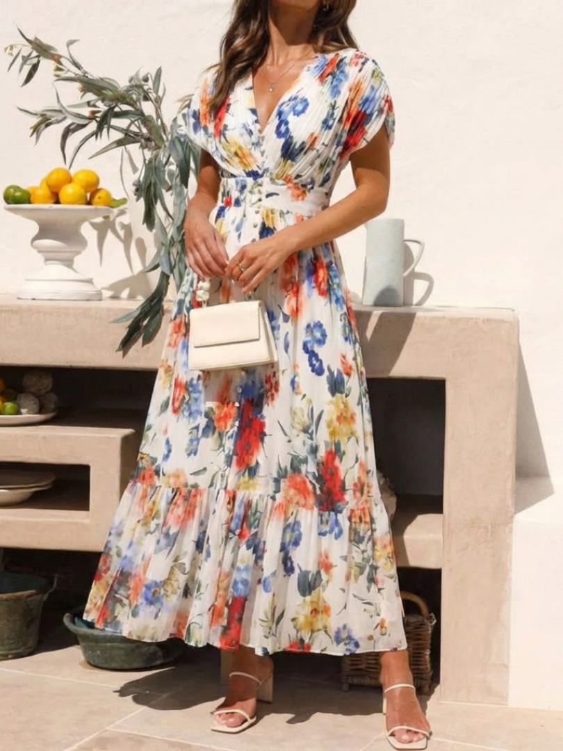 Savannah Floral Pleated Midi Dress with Short Sleeves
