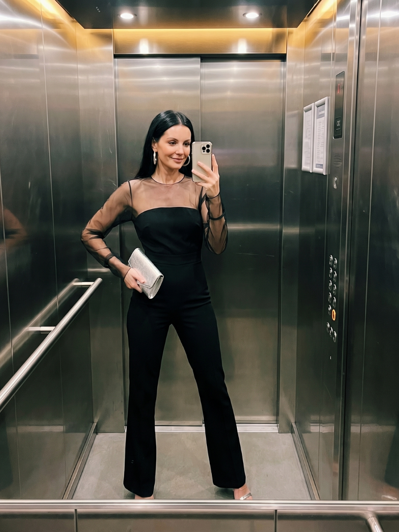Oksana | Elegant Sheer Bodice Flared Jumpsuit