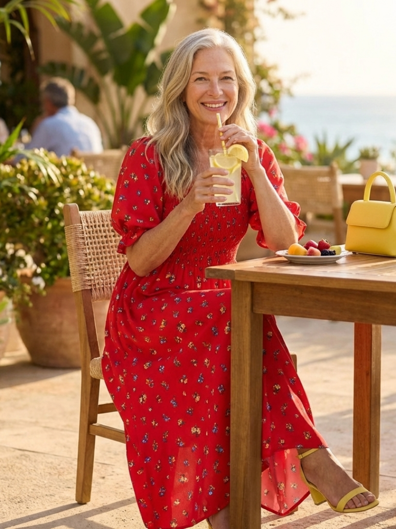Delphine | Floral Puff Sleeve Midi Dress with Square Neck