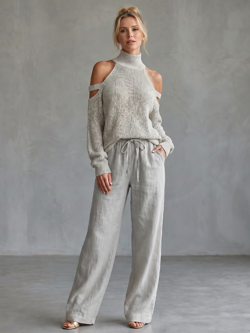 Questa | Elegant Open Shoulder Knit Top with Wide Leg Pants Ensemble