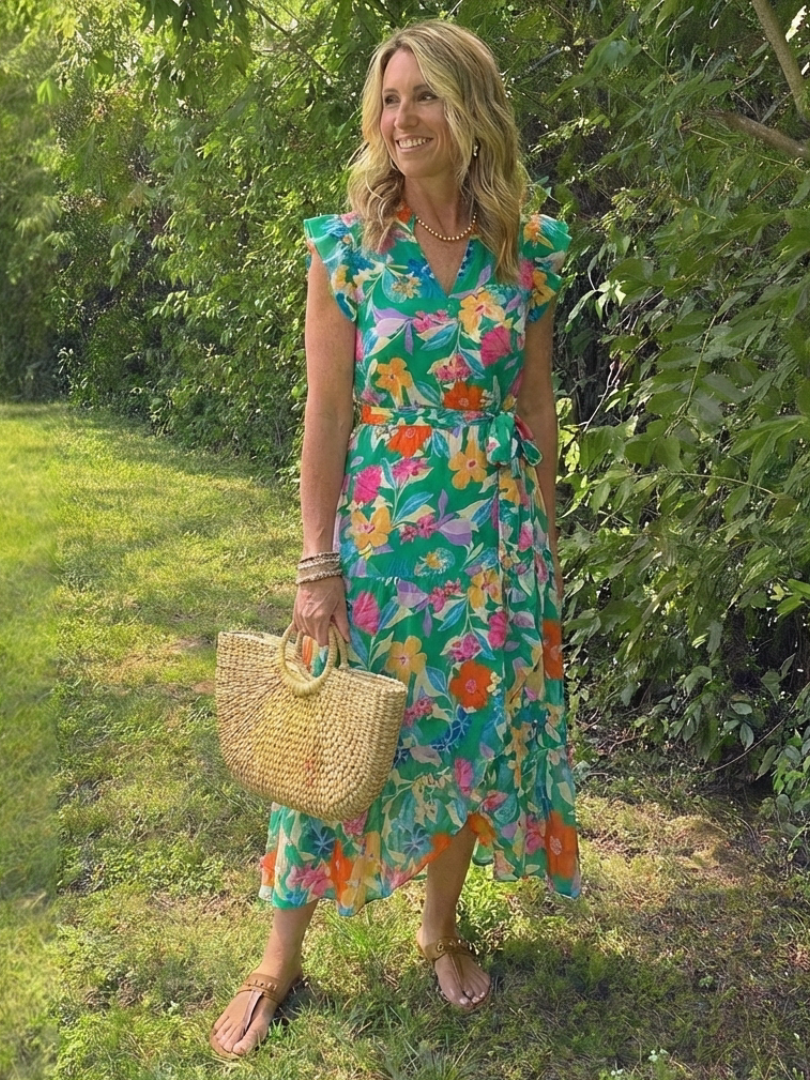 Lila | Floral V-Neck Tiered Midi Dress" 

Reimagined Title:  
"Lila | Exquisite Floral V-Neck Midi Dress