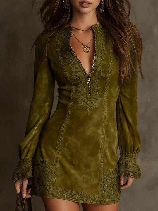 Vélin™ | Aurora Suede Mini Dress with Lace