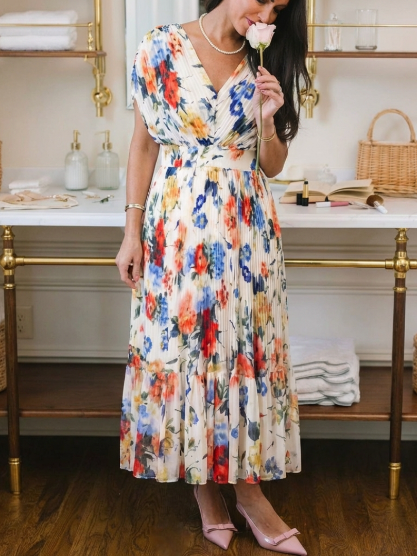 Savannah Floral Pleated Midi Dress with Short Sleeves