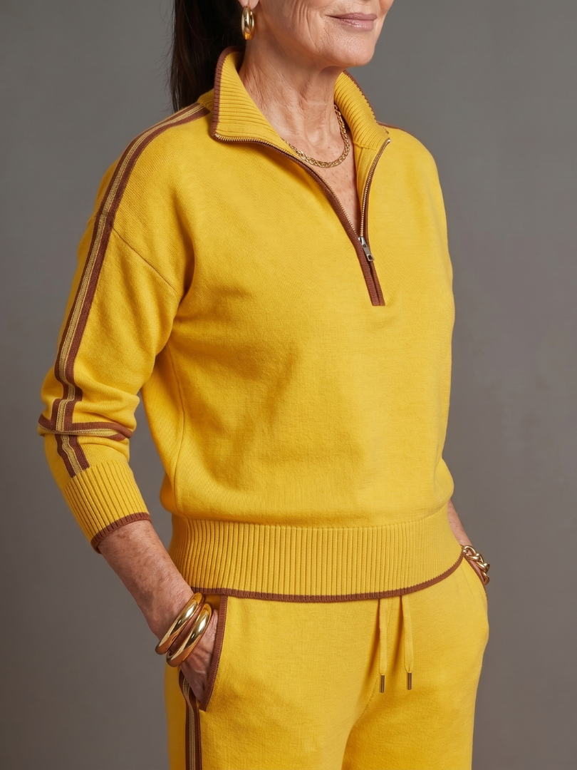 Rain | Luxe Long Sleeve Zip Neck Set with Side Stripe Trousers