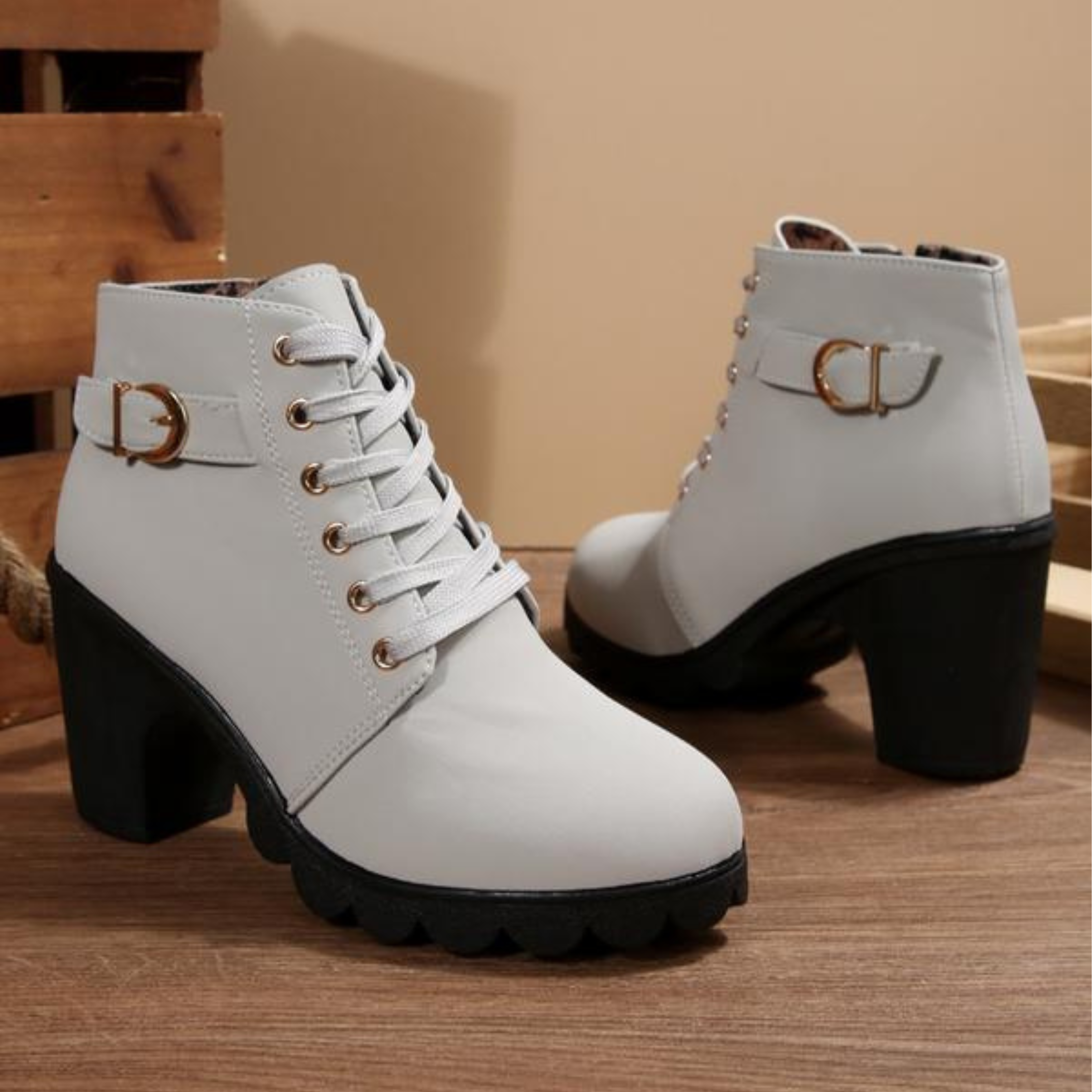 Vélin™ - Chic Lace-Up Metal Buckle Chunky Ankle Boots