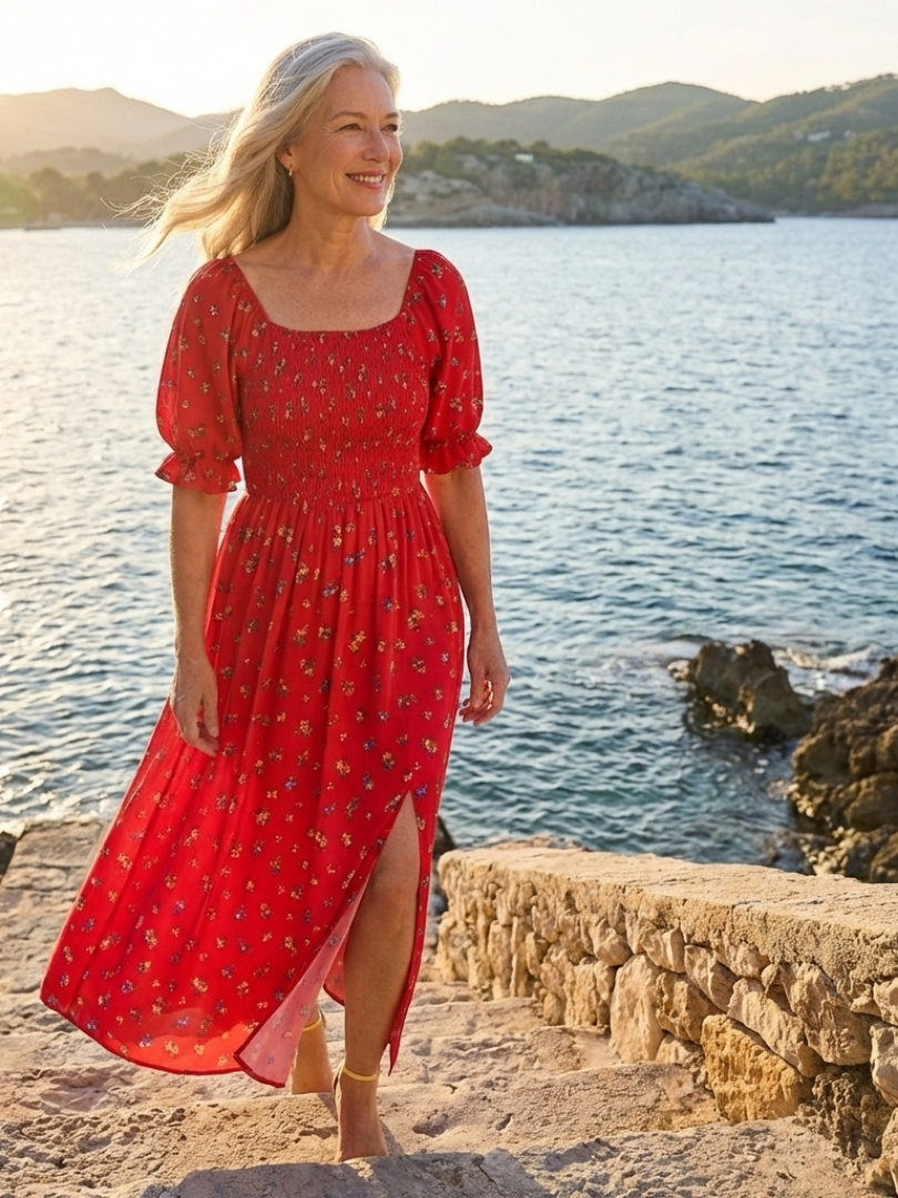 Delphine | Floral Puff Sleeve Midi Dress with Square Neck