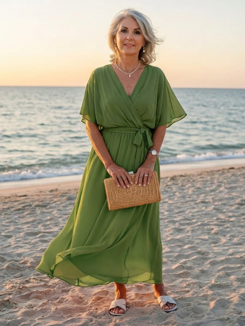 Elysia | V-Neck Draped Midi Dress with Waist Tie