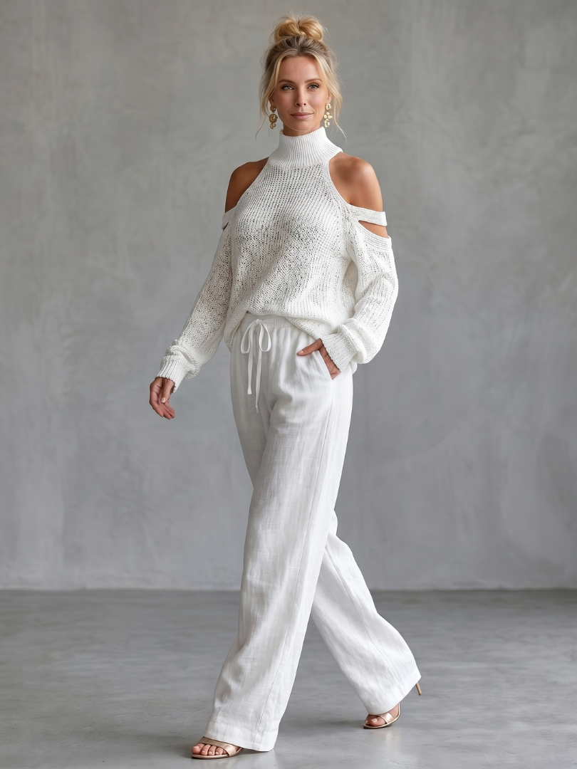 Questa | Elegant Open Shoulder Knit Top with Wide Leg Pants Ensemble