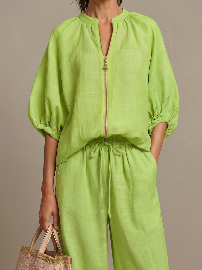 Natalia | Elegant Zip-Front Blouson Top and Wide-Leg Trousers Set