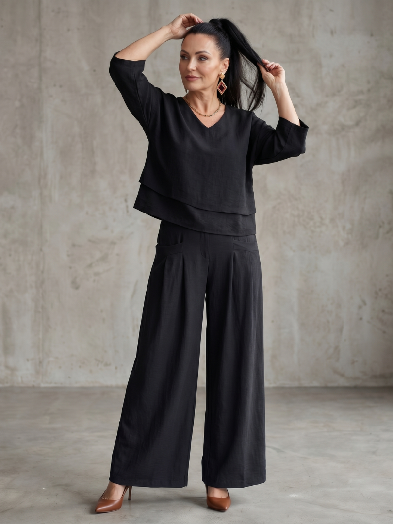 River | Elegant Layered Top with Wide Leg Trousers
