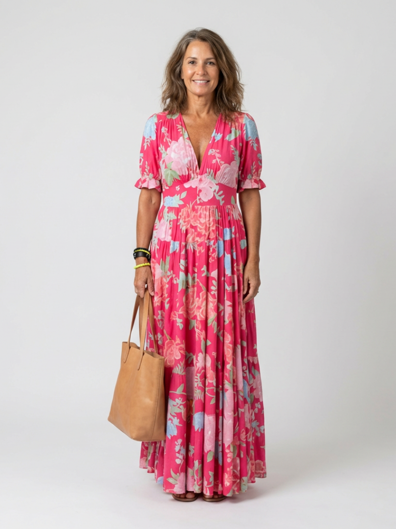 Ione Floral Midi Dress with Short Sleeves and V-Neck