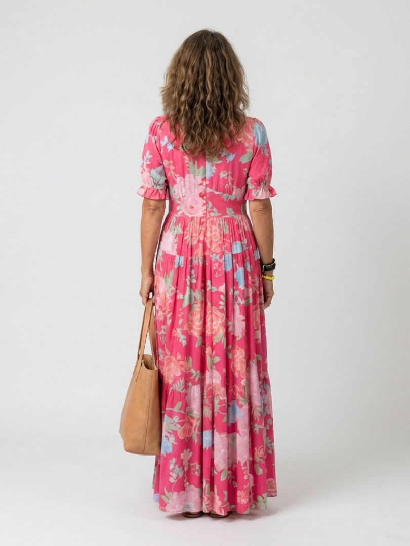 Ione Floral Midi Dress with Short Sleeves and V-Neck
