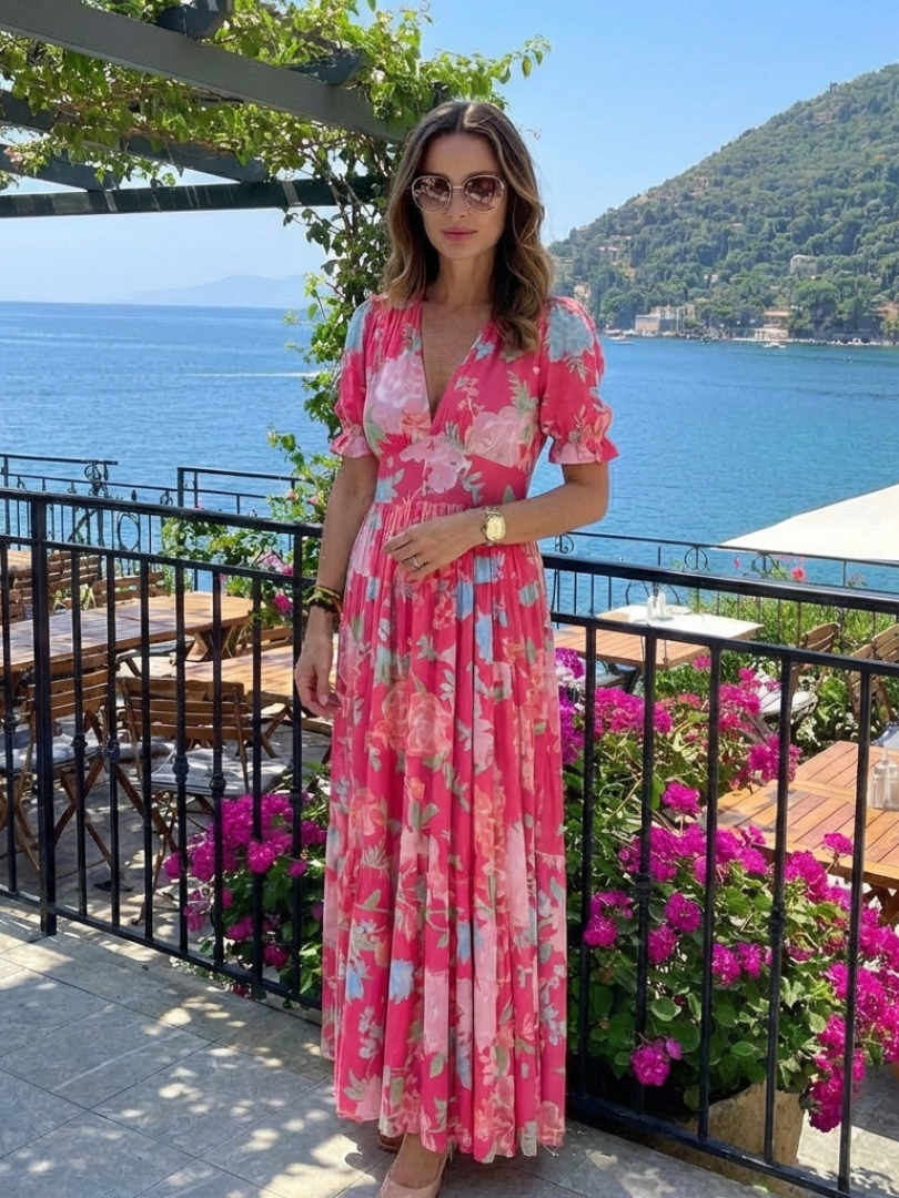 Ione Floral Midi Dress with Short Sleeves and V-Neck
