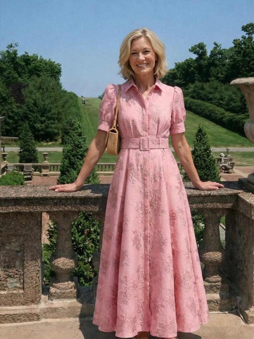 Xanthea | Floral Textured Maxi Shirt Dress with Belted Elegance