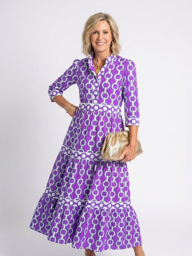 Ysolde | Elegant Chain Pattern Midi Dress with Three-Quarter Sleeves