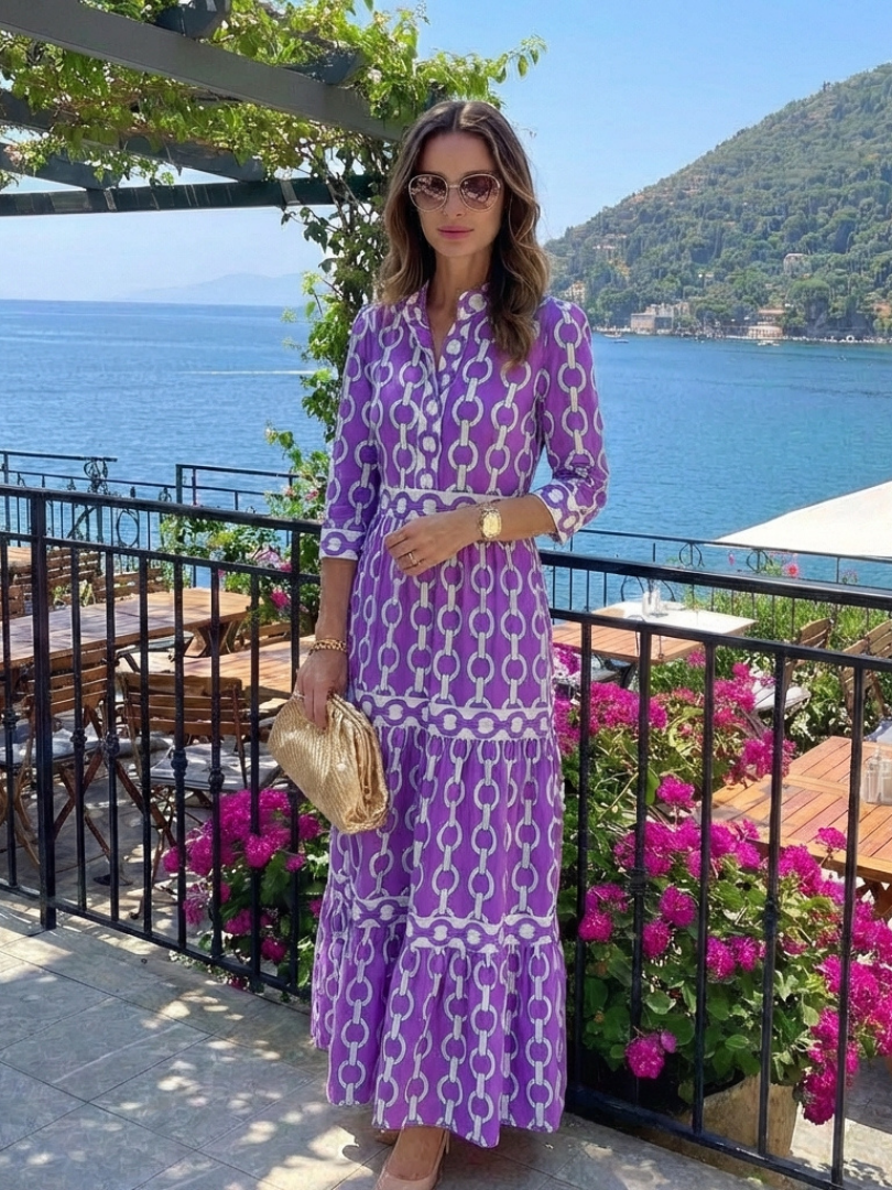 Ysolde | Elegant Chain Pattern Midi Dress with Three-Quarter Sleeves