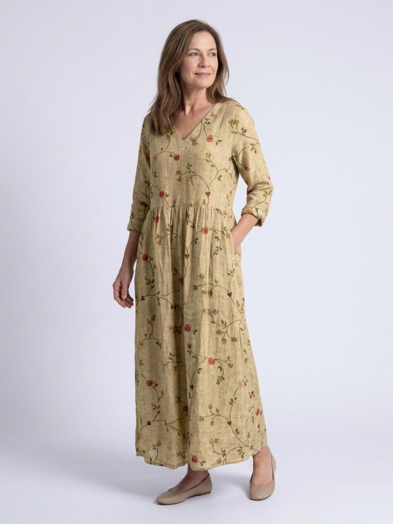 Marina Floral V-Neck Maxi Dress with Three-Quarter Sleeves