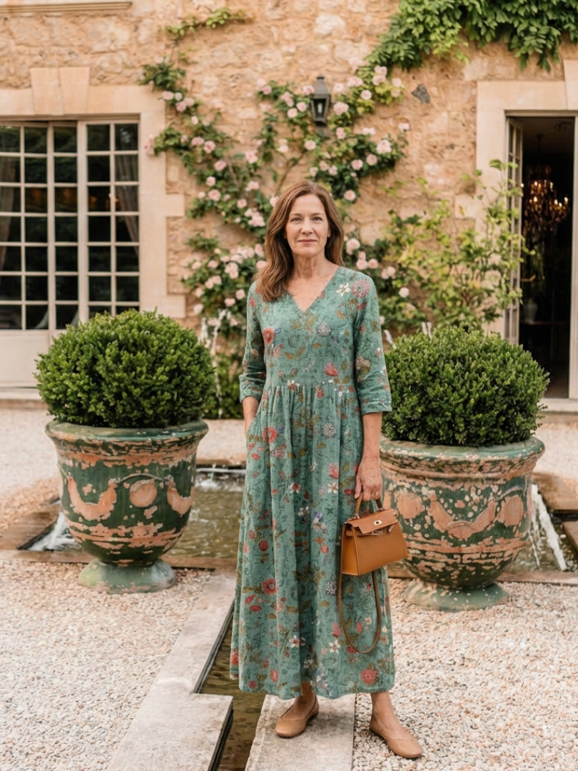Marina Floral V-Neck Maxi Dress with Three-Quarter Sleeves