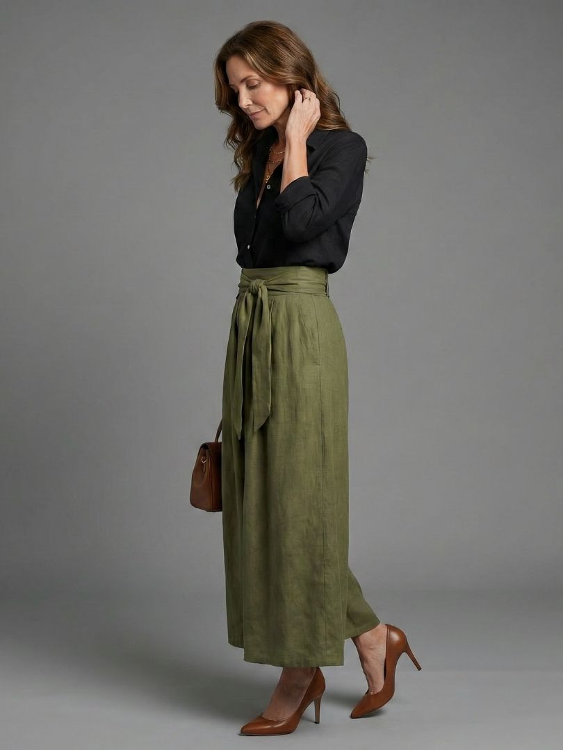 Vera | Elegant Black Blouse & Olive Green Midi Skirt Set
