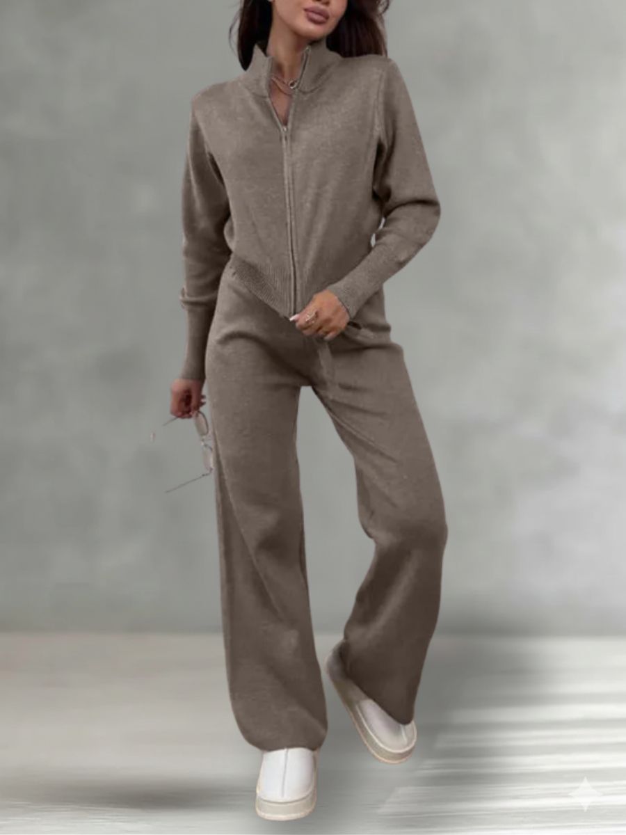 Knit 2 Piece Set – Drawstring Wide Leg Pants with Zip Jacket Top